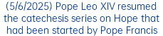 (5/6/2025) Pope Leo XIV resumed the catechesis series on Hope that had been started by Pope Francis